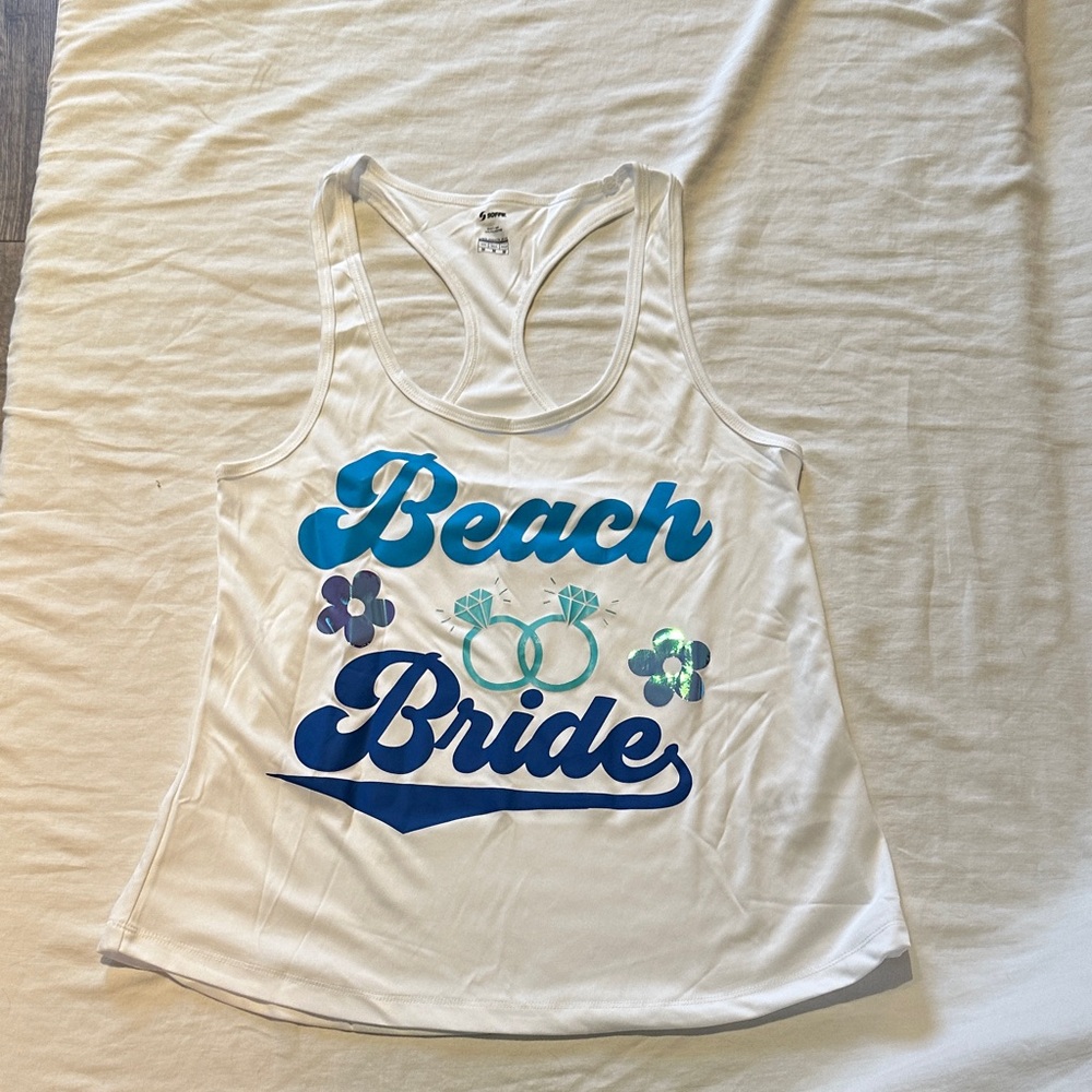 White 'Beach Bride' Tank Top with Blue Floral Design